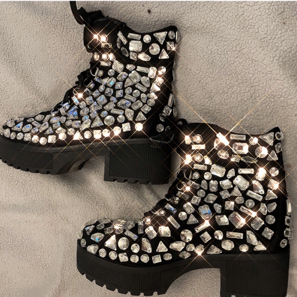 Size 9 RHINESTONE ZIP COMBAT BOOTS - Picture 7 of 8